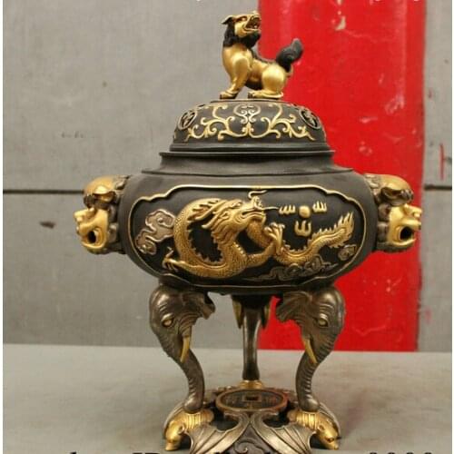 Xd 002614 14 Marked Chinese Old Bronze 24K Gold Lion Dragon Statue Elephant Incense Burner