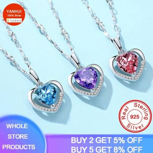 YANHUI Love Heart Pendant Necklace 925 Sterling Silver Choker Statement Necklace Women Silver 925 Jewelry Gift With Box Chain