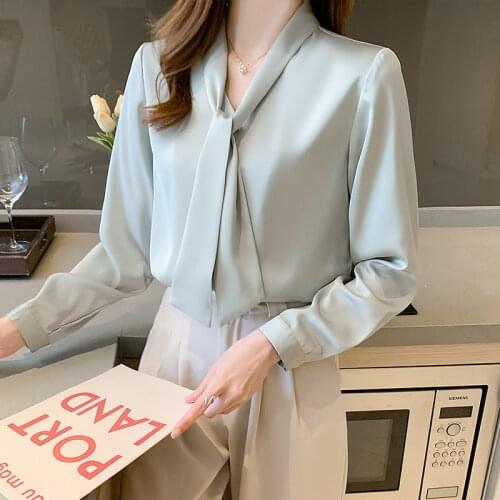 2021 Autumn Shirt Female Fashion Design Commuter Career Soft Green Satin Long-sleeved Ribbon Elegant Blouse Women