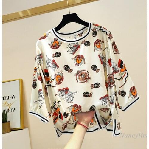 Half Sleeve Blouse for Woman Spring Summer 2021 New Retro Loose Large Size Casual Slit Round Neck Printed Chiffon Shirt Tops