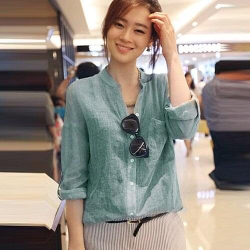 Korean Fashion Women Cotton Linen Shirt Solid Color Three Quarter Sleeve Stand Collar Button Casual Shirt Ropa De Mujer