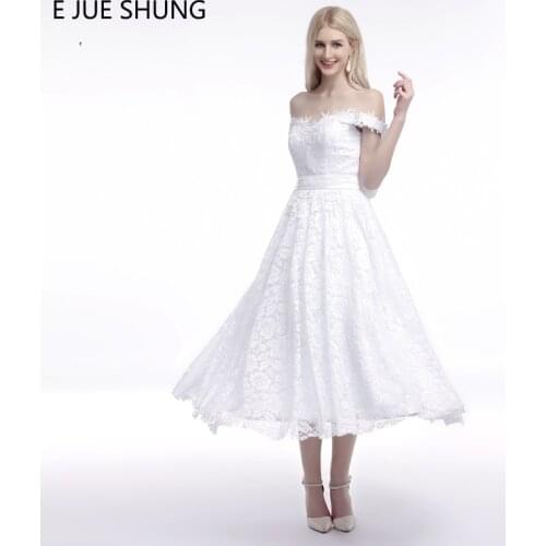 E JUE SHUNG White Vintage Lace Tea Length Cheap Wedding Dresses 2018 Off The Shoulder Simple Short Bridal Dresses robe de soiree