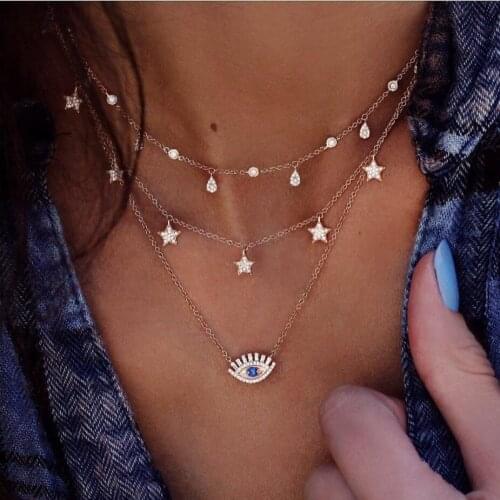 2019 fashion Necklace Three layers pentagram star eye water-drop shape pendant with blue crystal O metal chain gold color