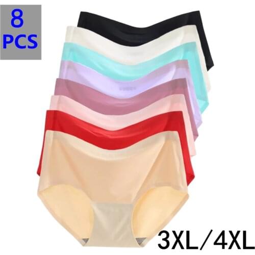 8PCS Womens Ice silk underwear seamless sexy Panties lingerie female comfortable sports briefs stretch large size 3XL 4XL