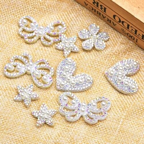 20Pcs Non-Woven Pearl Patches Diy Headwear Accessories Decor Ab Rhinestone Bead Applique Star/Heart/Flower Shape Sewing Clothing