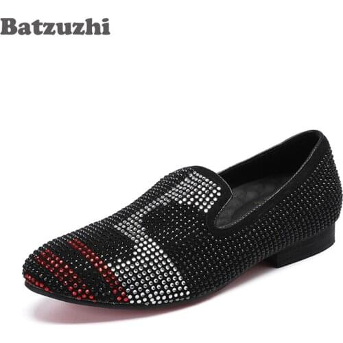 Batzuzhi Luxury Brand Men Loafers Black Diamond Rhinestones Loafers Shoes Black Wedding Party Shoes Zapatos Hombre, Big Size 12