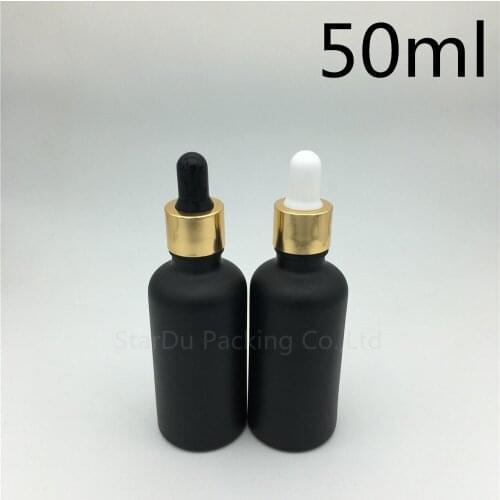 Free shipping 200pcs 50ml black frosted glass essential oil bottle with gold aluminum ring dropper glass perfume bottle