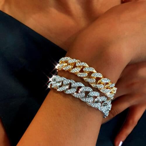 Hip Hop Full Iced Out Rhinestones Miami Curb Cuban Bracelets Bangles Luxury Shiny Crystal Chain Wrist Bracelet Women Men Jewelry