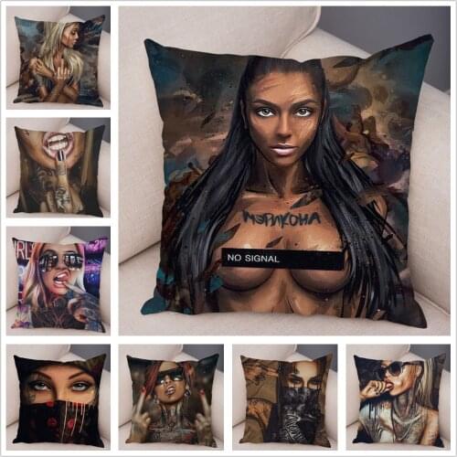 Dark Goth Tattoo Sexy Beautiful Girl Pillow Case Super Soft Short Plush Decor Cushion Cover for Sofa Car Home Pillowcase 45x45cm