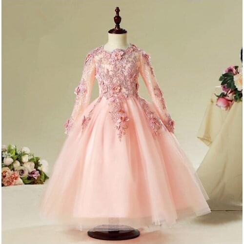 Elegant Pink Tulle Flower Girl Dress For Wedding Long Sleeve Appliques Kids Party Prom Dress First Communion Dresses Princess