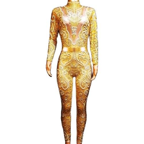 Gold Rhinestones Pattern Printing Pearl Tights Jumpsuit Long Sleeve Backless Bodycon Ladies Nightclub Performance Dance Costume