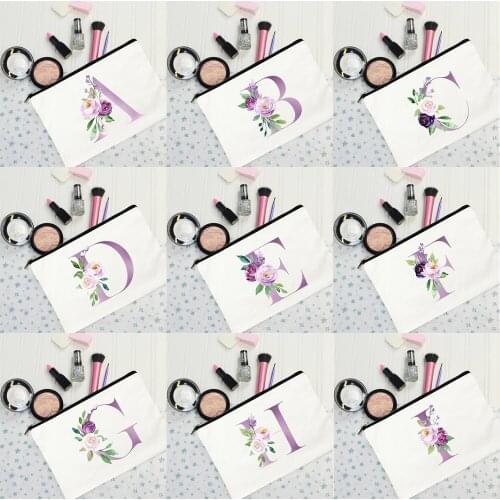 Purple Flowers Letters Makeup Bags Harajuku Fashion Cosmetic Pouch Portable Eco Zipper Purse Canvas Casual Reusable Storage Bag