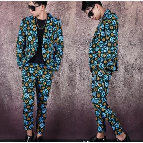 Blazer men printing suit set with pants mens suits costume singer star style dance stage clothing formal dress b604