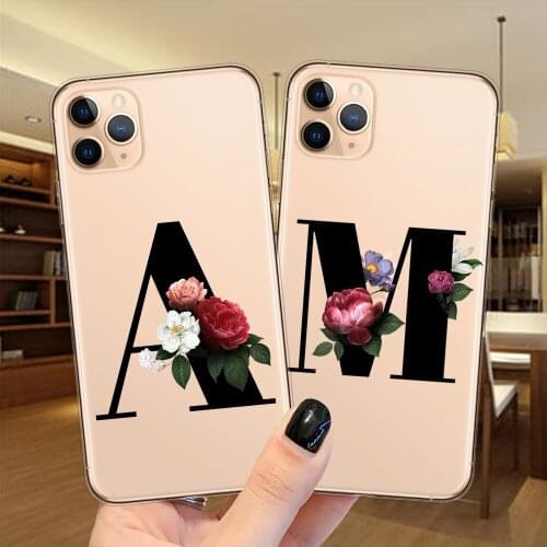 Floral Black 26 Alphabet Letter A to Z Phone Case For iPhone 11 12 Pro Max X XS XR 12Mini 12Pro XSMax Soft Silicone Back Cover
