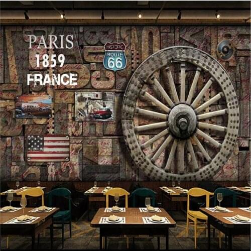 Mural Wallpaper 3D European Retro Nostalgic Wood Plank Textured Wheel Classic Car Background Wall Murals for Restaurant Bar wall