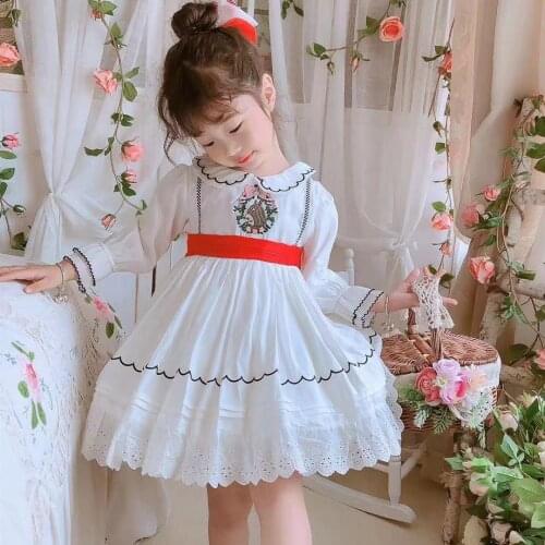 Autumn Spring Baby Girls Vintage White Long Sleeve Embroidery Spanish Turkish Lolita Ball Gown Princess Dress For Eid Birthday