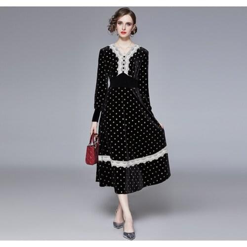 Autumn Women Elegant Dot Velvet Dress Female Lace Splicing Designer Office Lady A-Line Robe Ladies Party Vestidos K6615