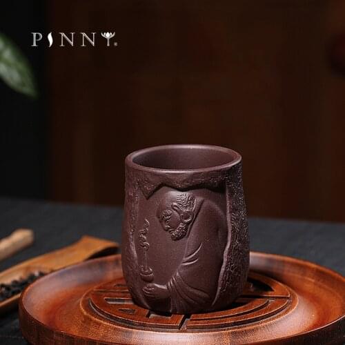PINNY 150cc Yixing Purple Clay Dharma Teacups Hand Made Purple Sand Tea Cup Hand Carved Kung Fu Tea Set Heat Resistant Drinkware