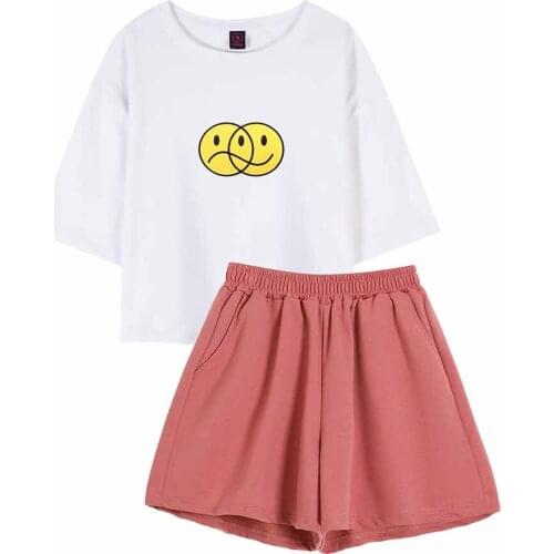 Nightwear Women Set Pijama Short Sleeve Suit Set Women Duality Shirt Sad and Smiley Pajamas Set Female Cotton Homewear Suit