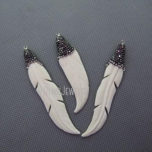 MU150907907 Pave Rhinestone Ox Bone Feather Pendant Charm Jesus Charm