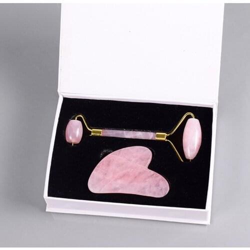 Rose Quartz Massage Roller Gouache Scraper Jade Roller Set Facial Massage 100% Natural Jade Gua Sha Scraper Face Skin Care Tools