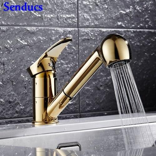 Senducs Gold Pull Out Bathroom Basin Faucet Qualtiy Brass Bathroom Basin Mixer Tap Single Lever Pull Donw Gold Basin Faucet