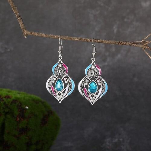 Boho Blue Red Crystal Rhinestone Gourd Shape Earrings For Women Vintage Ethnic Hollow Indian Earring Jhumka Ethnic Earrings