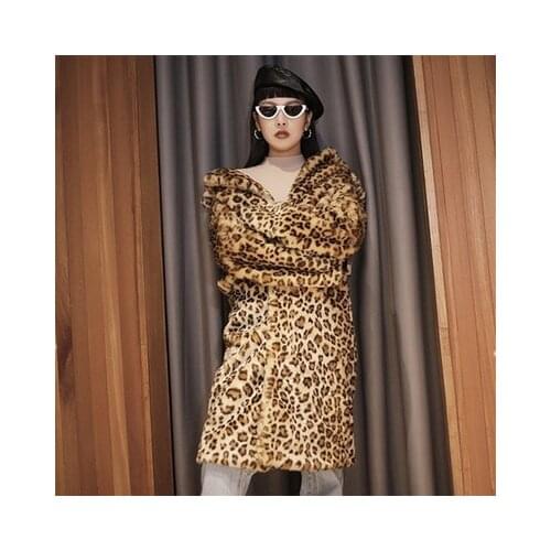 Classic leopard print fur coat womens mid-length winter coat new imitation rabbit hair casual loose windbreaker