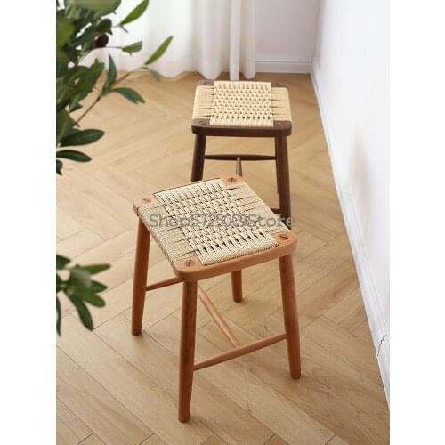 Nordic Solid Wood Square Stool, Cherry Rattan Bar Stool, Simple Modern Walnut Knitting Dressing Stool, Shoe Stool, Dining Stool