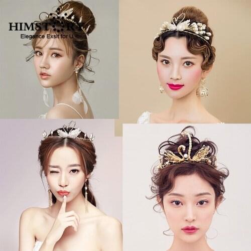 HIMSTORY New Baroque Bridal Tiara Swan Crown Wedding Hair Accessories Gorgeous Bride Princess Headwear Imitation Pearls Hairwear