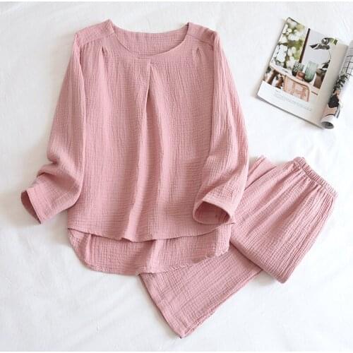 Japanese Simple Spring and Autumn Ladies Pajamas Two-piece Long-sleeved Trousers 100% Cotton Crepe Round Neck Home Service Set
