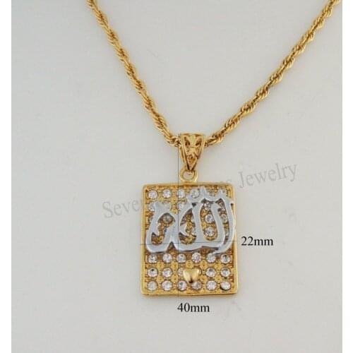 Min order 10$ CAN MIX DESIGN - YELLOW WHITE GOLD COLOR 24" ROPE NECKLACE&MUSLIM ALLAH GOD PENDANT CZ STONE Rectangle Shaped