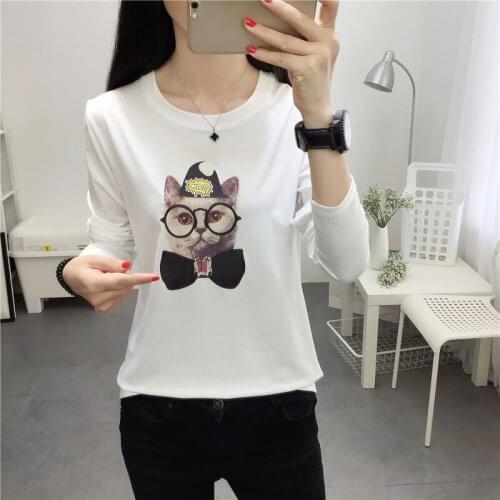 Sweet Cute Cartoon Cat Pattern Print Women Spring Tops 2019 Long Sleeve O Neck Cotton Casual T-shirt Mujer Tee Shirts M-XXL