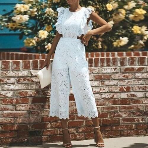 Elegant Fly Sleeve O Neck White Jumpsuits Women Summer New Calf-length Jumpsuit Fashion Hollow Out Rompers High Waist Playsuits