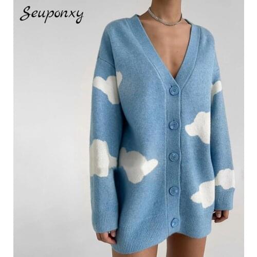 High Quality Fashion WomenS Single-Breasted Printed Loose Sweater 2021 Autumn Sexy V-Neck Lantern Sleeve Casual Cardigan