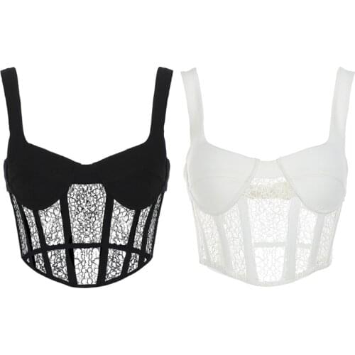 Women Sexy Sleeveless V-Neck Bustier Bralette Hollow Out Sheer Lace Mesh Corset Camisole Fish Boned Back Zipper Crop Tank Top Ci