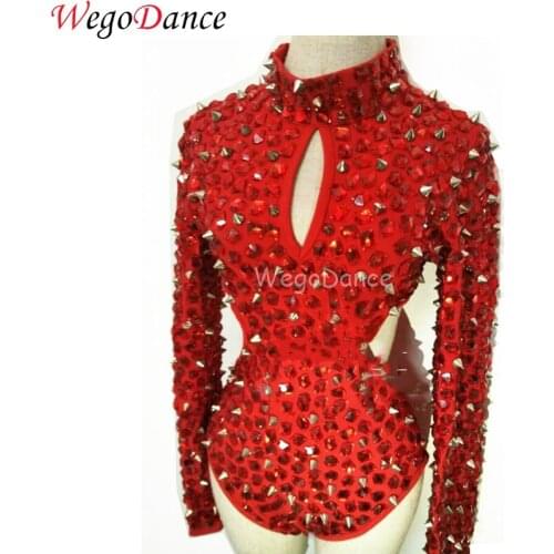 New Women Red Rhinestones Rivet Long Sleeve Bodysuit Sexy Singer Dance Costume Freeshipping
