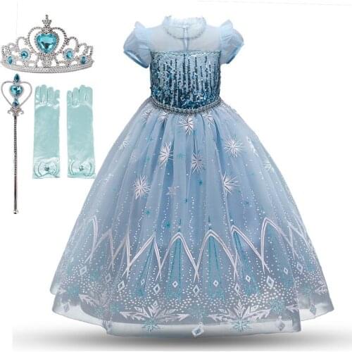 2021 Elsa Princess Costume For Girls Transparent Short Lace Sleeve Dress For Children With Crown Gloves Magic Wand Accessories