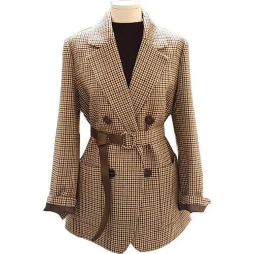 Suit Coat Jacket Women Blazers Female Vintage Double Breasted Office Ladies Plaid Blazer with Belt Long Sleeve Houndstooth