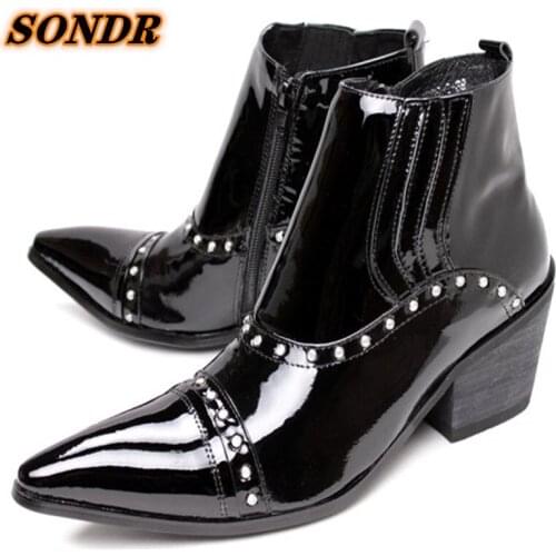 Chelsea Boots Men Shoes Glitter Dress Genuine Leather Ankle Boots Men Rivets Boots Winter Formal Wedding Party Boots For Men