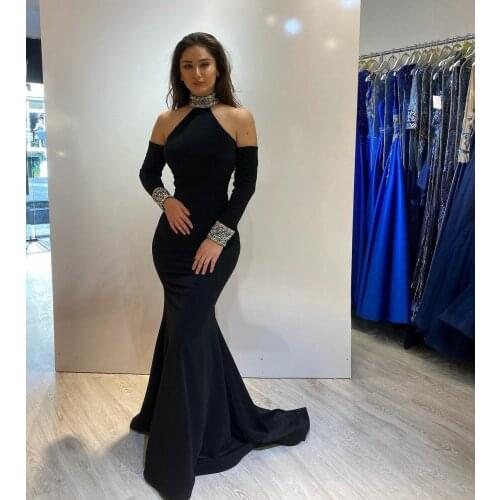 Elegant Beaded High Neck Bodycon Black Evening Dresses Court Train Mermaid Long Sleeve Abendkleid Formal Party Gown for Women