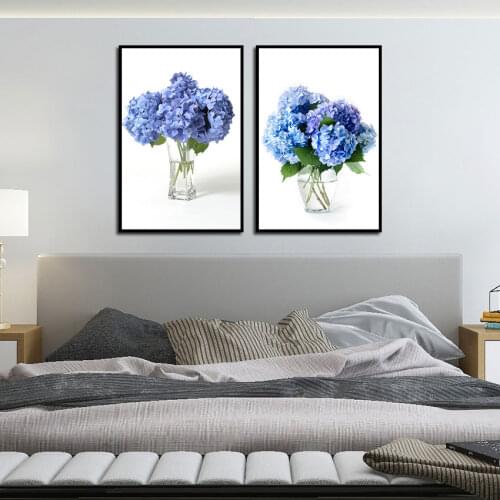 Elegant Blue Hydrangea Clear Vases Canvas Painting Wall Art Flowers Picture Posters Print Wallpaper Living Room Decoration