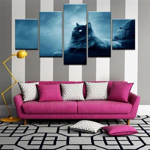 Canvas Wall Art Pictures 5 Piece Black Cat Prints Animal Black and White Decor Posters Home Living Room Decoration Paintings