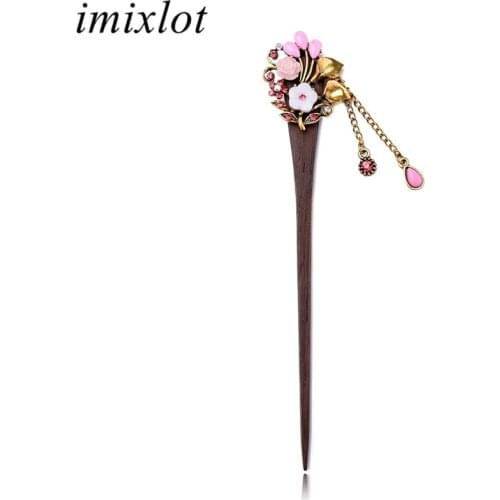 Imixlot Temperament Trendy Resin Flower Wooden Hair Sticks Dangle Tassel Hair Pins Women Female Hair Accessories Party Headdress