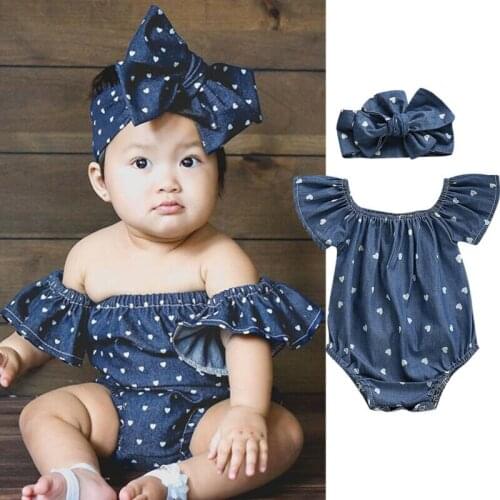 Infant Baby Girls Jumpsuits Headband 2PCS Hearts Love Short Sleeve Off Shoulder Playsuits Summer Causal Set
