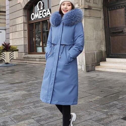 Sister Fara Winter Long Hooded Womens Down Jacket Pure Cotton Thick Fur Collar Parka Overcoat Women Warm Loose Outwear Parka