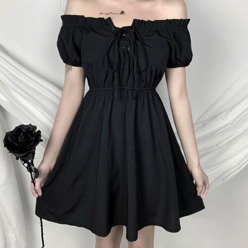 Mall Goth Sexy Off Shoulder Dresses Gothic Harajuku High Waist Dress Summer Mini A-line Solid Black Dark Academia Casual Dresses