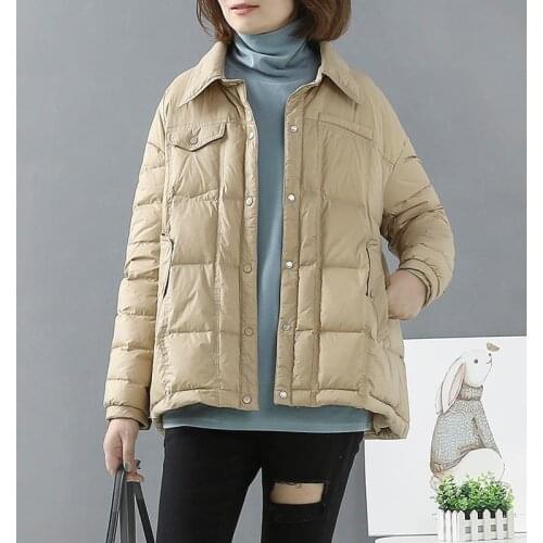 Fashion Casual Winter Womens Down Jacket Loose Warm Ultralight Thin Down Jackets Turndown Collar Windproof Female Outwear