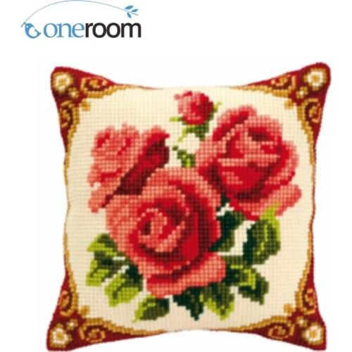 N3th CX0106 Red Roses DIY Acrylic Yarn Embroidery Pillow Tapestry Canvas Cushion Front Cross Stitch Pillowcase