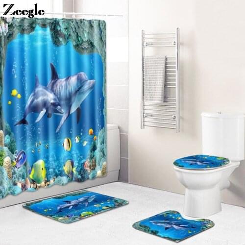 4Pcs Dolphin Pattern Bath Mat and Shower Curtain Set Toilet Cover Bath Rug Foot Non-Slip Bathroom Carpet Set